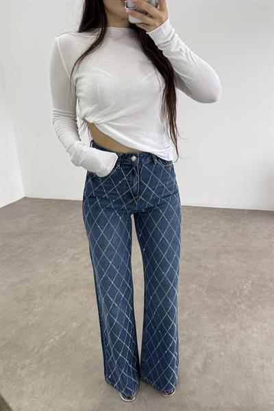 Taş İşlemeli Orta Mavi Orijinal Jean