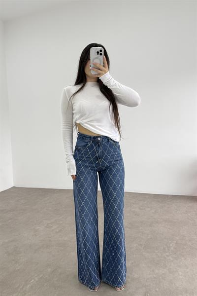 Taş İşlemeli Orta Mavi Orijinal Jean