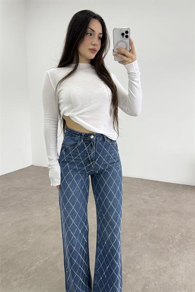 Taş İşlemeli Orta Mavi Orijinal Jean