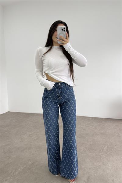 Taş İşlemeli Orta Mavi Orijinal Jean