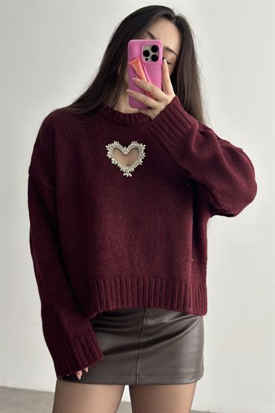 Taşlı Kalp Detaylı Bordo Triko Kazak