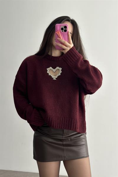 Taşlı Kalp Detaylı Bordo Triko Kazak