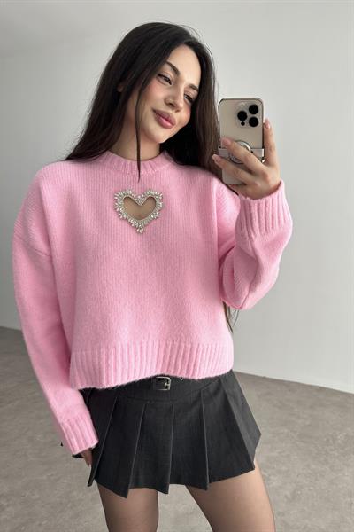 Taşlı Kalp Detaylı Pembe Triko kazak