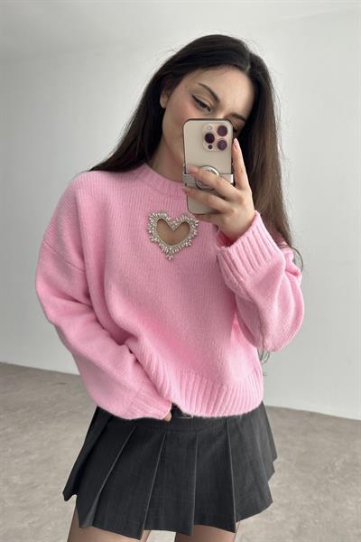 Taşlı Kalp Detaylı Pembe Triko kazak