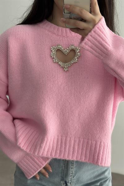 Taşlı Kalp Detaylı Pembe Triko kazak