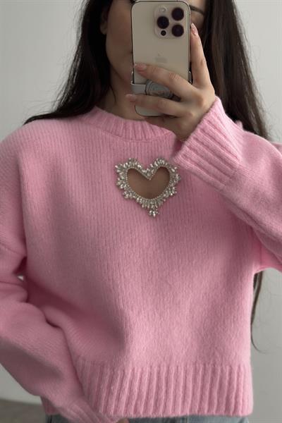 Taşlı Kalp Detaylı Pembe Triko kazak