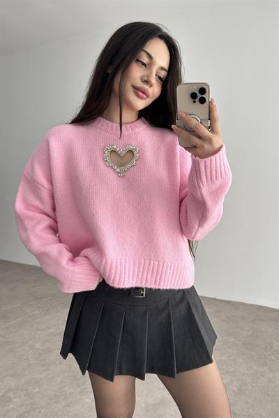 Taşlı Kalp Detaylı Pembe Triko kazak