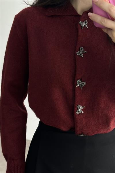 Taşlı Kurdele Düğmeli Soft Dokulu Bordo Hırka