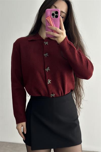 Taşlı Kurdele Düğmeli Soft Dokulu Bordo Hırka
