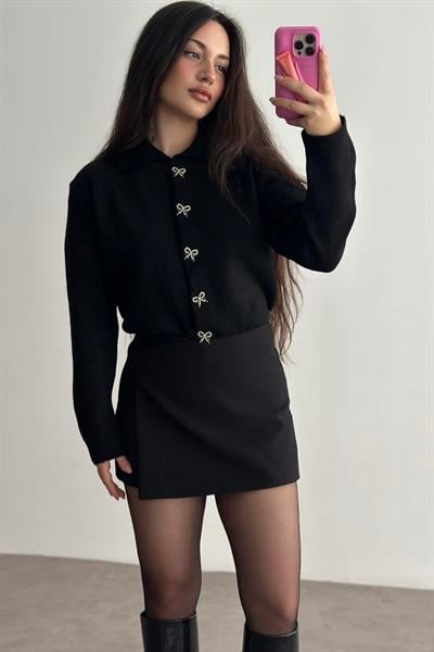 Taşlı Kurdele Düğmeli Soft Dokulu Siyah Hırka