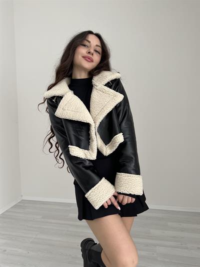 Teddy Detaylı Kruvaze Siyah Deri Mont
