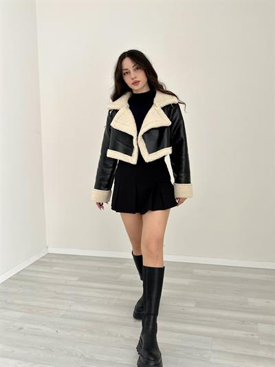 Teddy Detaylı Kruvaze Siyah Deri Mont