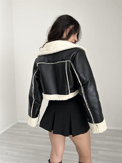 Teddy Detaylı Kruvaze Siyah Deri Mont
