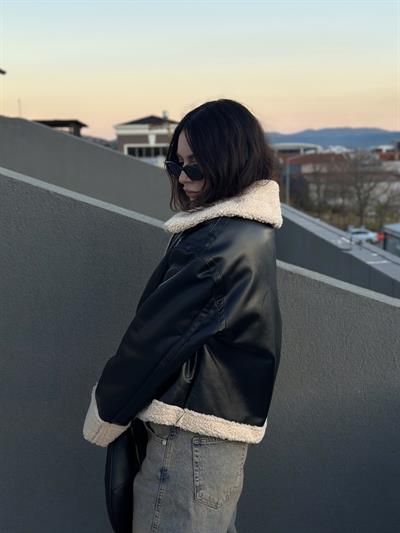 Teddy Yakalı Deri Kalın Siyah Mont