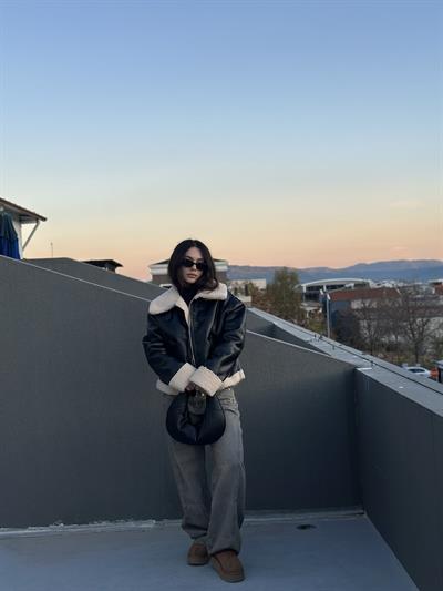 Teddy Yakalı Deri Kalın Siyah Mont