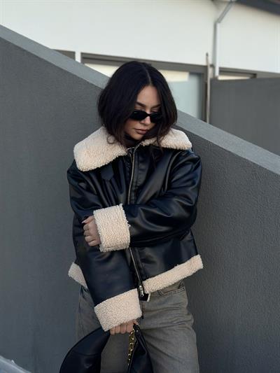 Teddy Yakalı Deri Kalın Siyah Mont