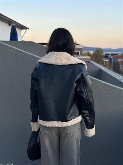 Teddy Yakalı Deri Kalın Siyah Mont