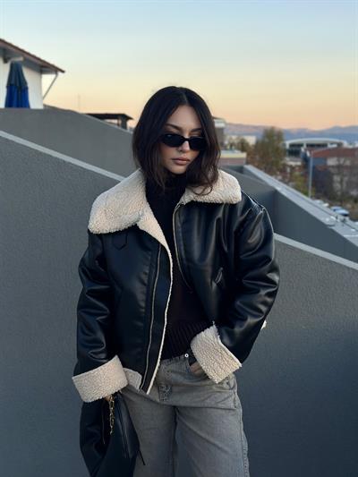 Teddy Yakalı Deri Kalın Siyah Mont