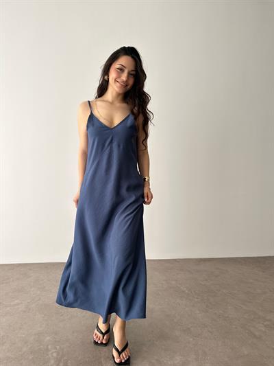 Tensel İndigo Askılı Rahat Elbise