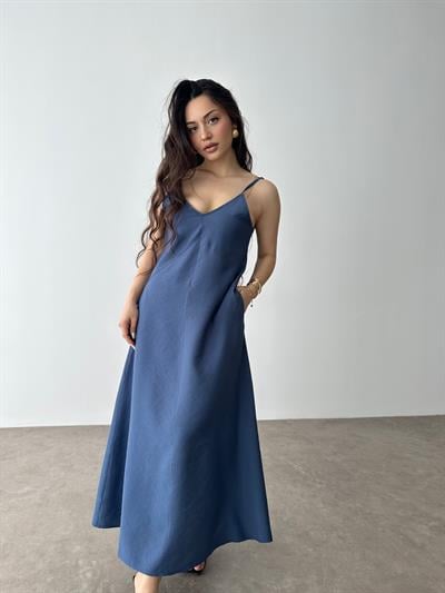 Tensel İndigo Askılı Rahat Elbise