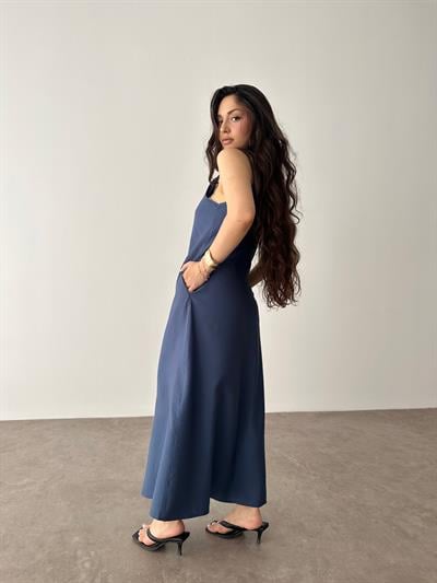 Tensel İndigo Askılı Rahat Elbise
