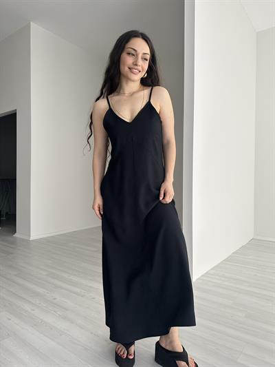 Tensel Siyah Askılı Rahat Elbise
