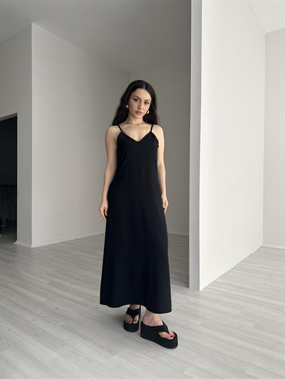Tensel Siyah Askılı Rahat Elbise