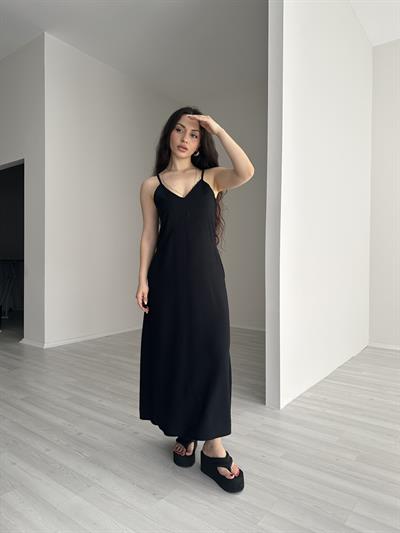 Tensel Siyah Askılı Rahat Elbise