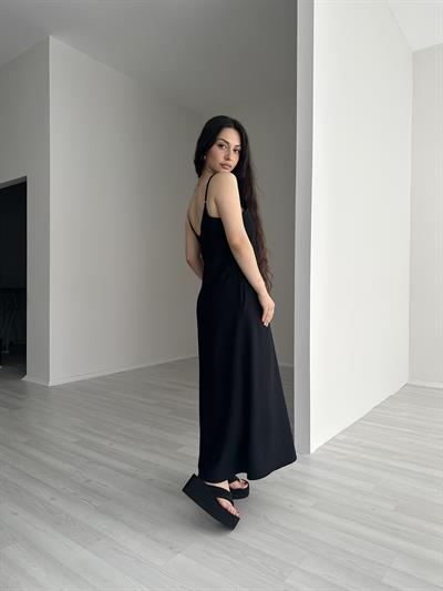 Tensel Siyah Askılı Rahat Elbise