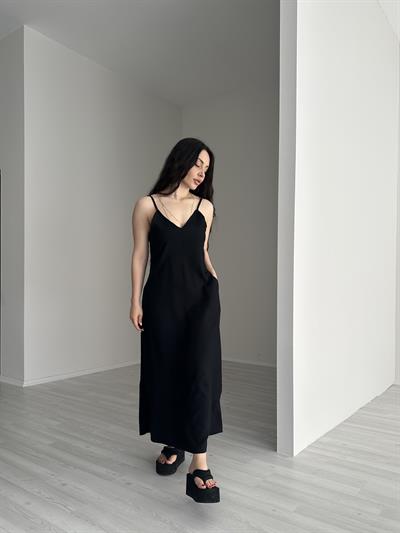 Tensel Siyah Askılı Rahat Elbise