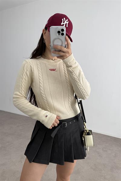 Tmy Nakışlı Örgü Desenli Ekru Kazak