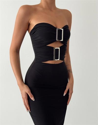 Toka Detaylı Eva Siyah Elbise