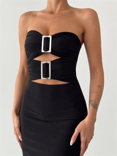 Toka Detaylı Eva Siyah Elbise