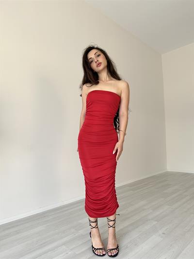 Toparlayıcı Drapeli Kırmızı Kalem Elbise