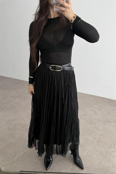 Tül Detaylı Siyah Saten Midi Etek 