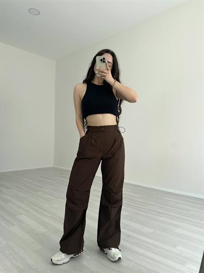 Ultra Yüksek Belli Paraşüt Pantolon Kahve