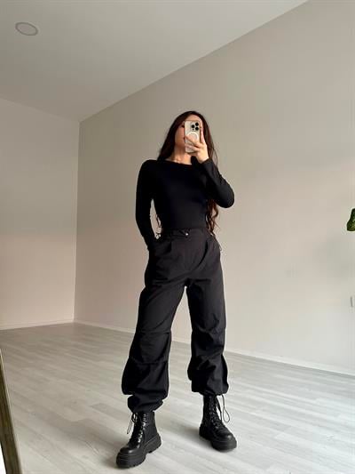 Ultra Yüksek Belli Paraşüt Pantolon Siyah