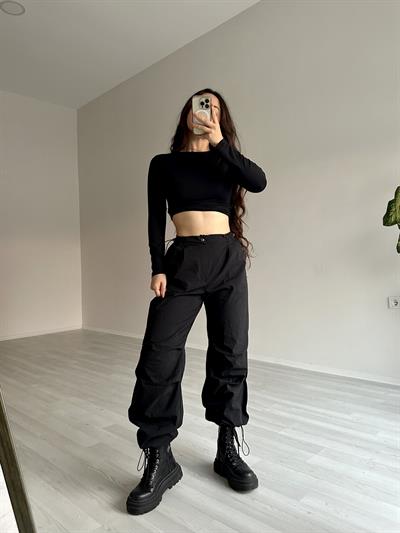 Ultra Yüksek Belli Paraşüt Pantolon Siyah