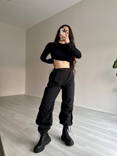 Ultra Yüksek Belli Paraşüt Pantolon Siyah