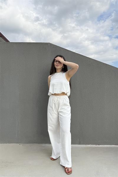 Üstü Balon Keten Pantolonlu Beyaz Takım 