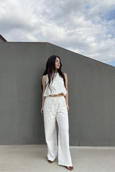 Üstü Balon Keten Pantolonlu Beyaz Takım 