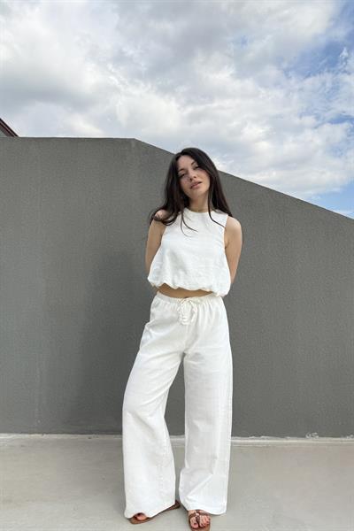 Üstü Balon Keten Pantolonlu Beyaz Takım 