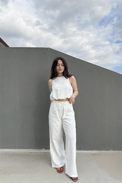 Üstü Balon Keten Pantolonlu Beyaz Takım 