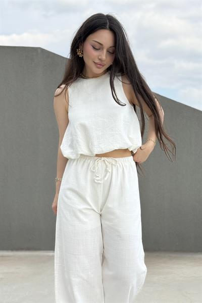 Üstü Balon Keten Pantolonlu Beyaz Takım 
