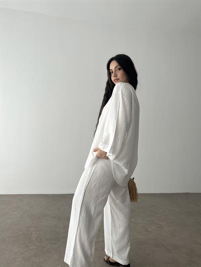 Uzun Bağlama Detaylı Premium Keten Takım