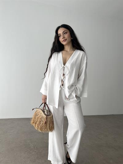 Uzun Bağlama Detaylı Premium Keten Takım