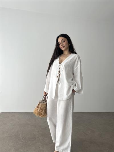 Uzun Bağlama Detaylı Premium Keten Takım