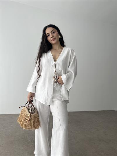 Uzun Bağlama Detaylı Premium Keten Takım