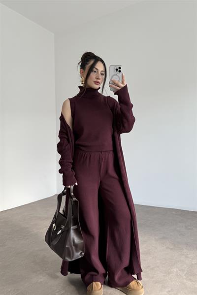 Uzun Hırkalı Pantolonlu Üç Parça Mürdüm Takım