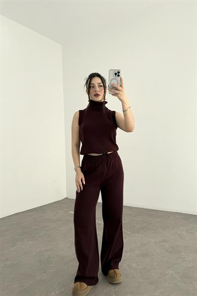 Uzun Hırkalı Pantolonlu Üç Parça Mürdüm Takım